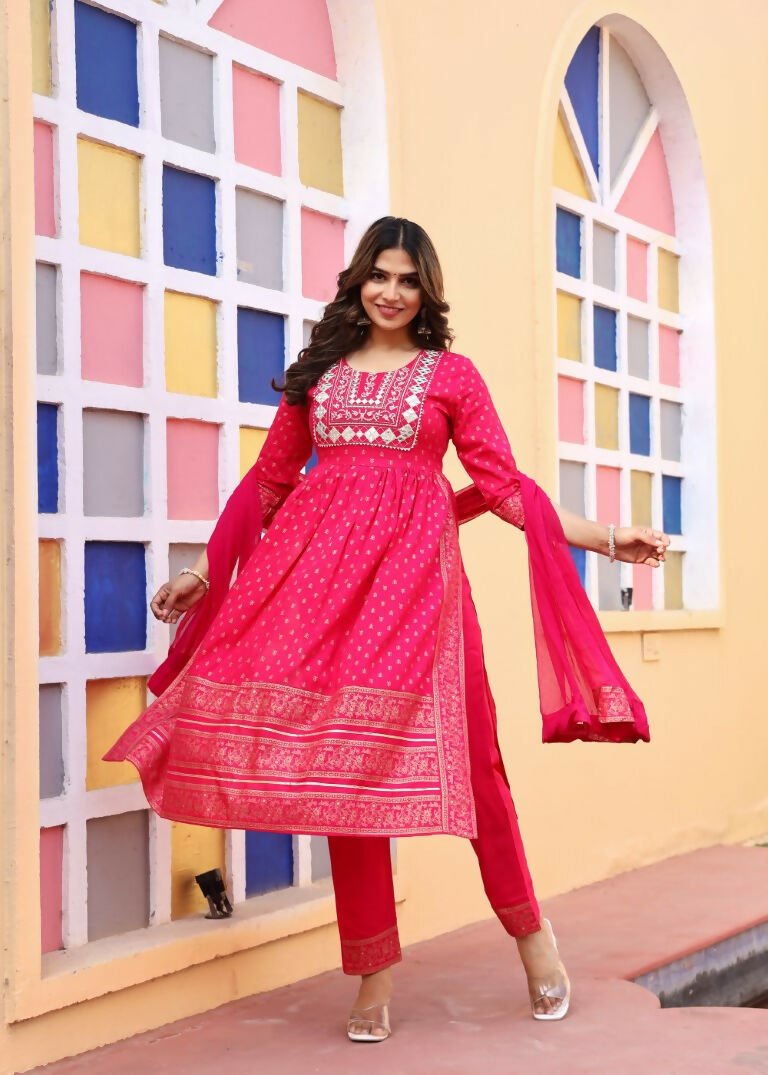 Alvano Women's A-line Naira Cut Embroidery work Print Kurti with Pant and Dupatta set Rayon (Red)