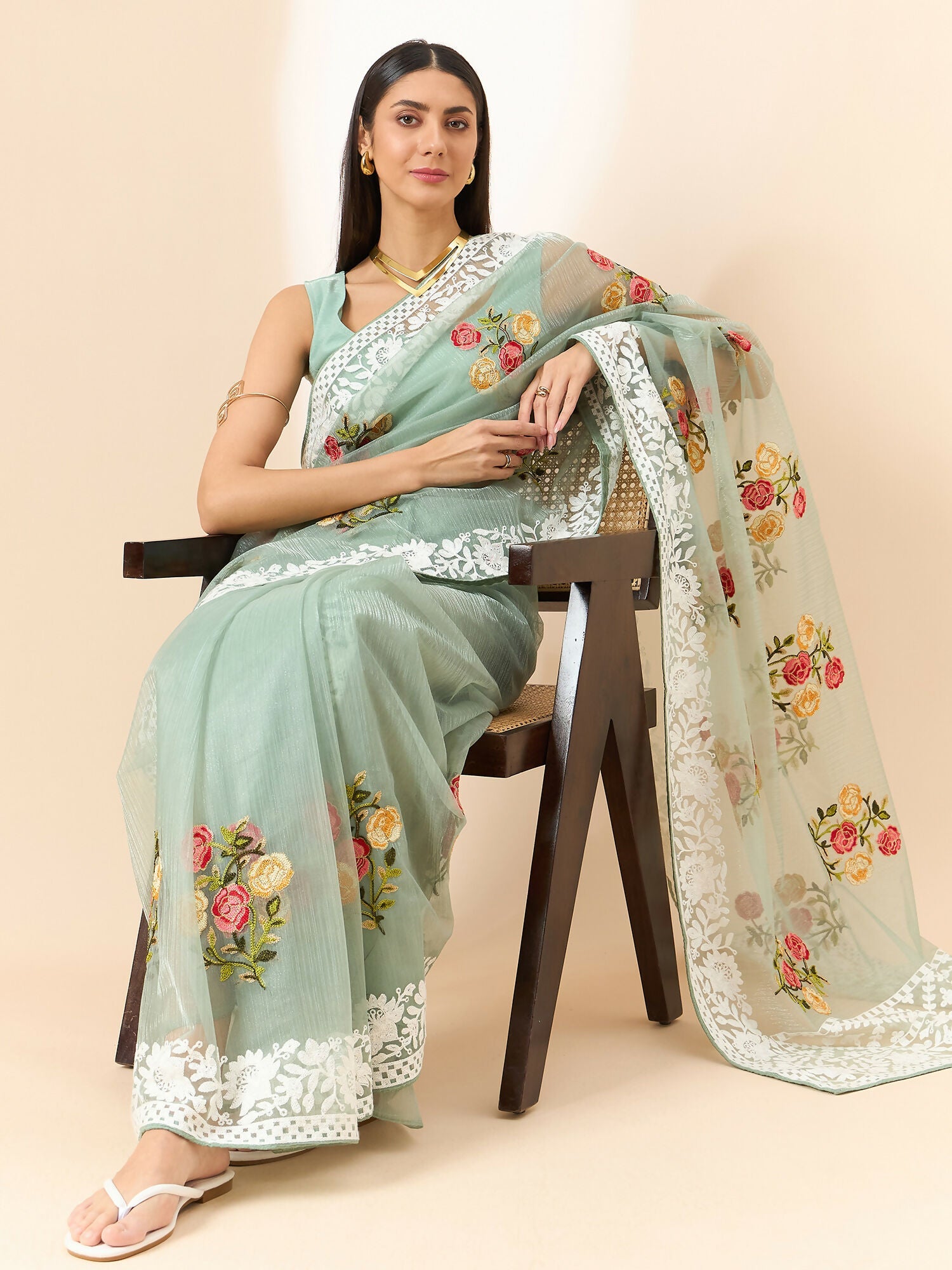 Green Organza Floral Embroidered Saree with Unstitched Blouse Piece - Roozal