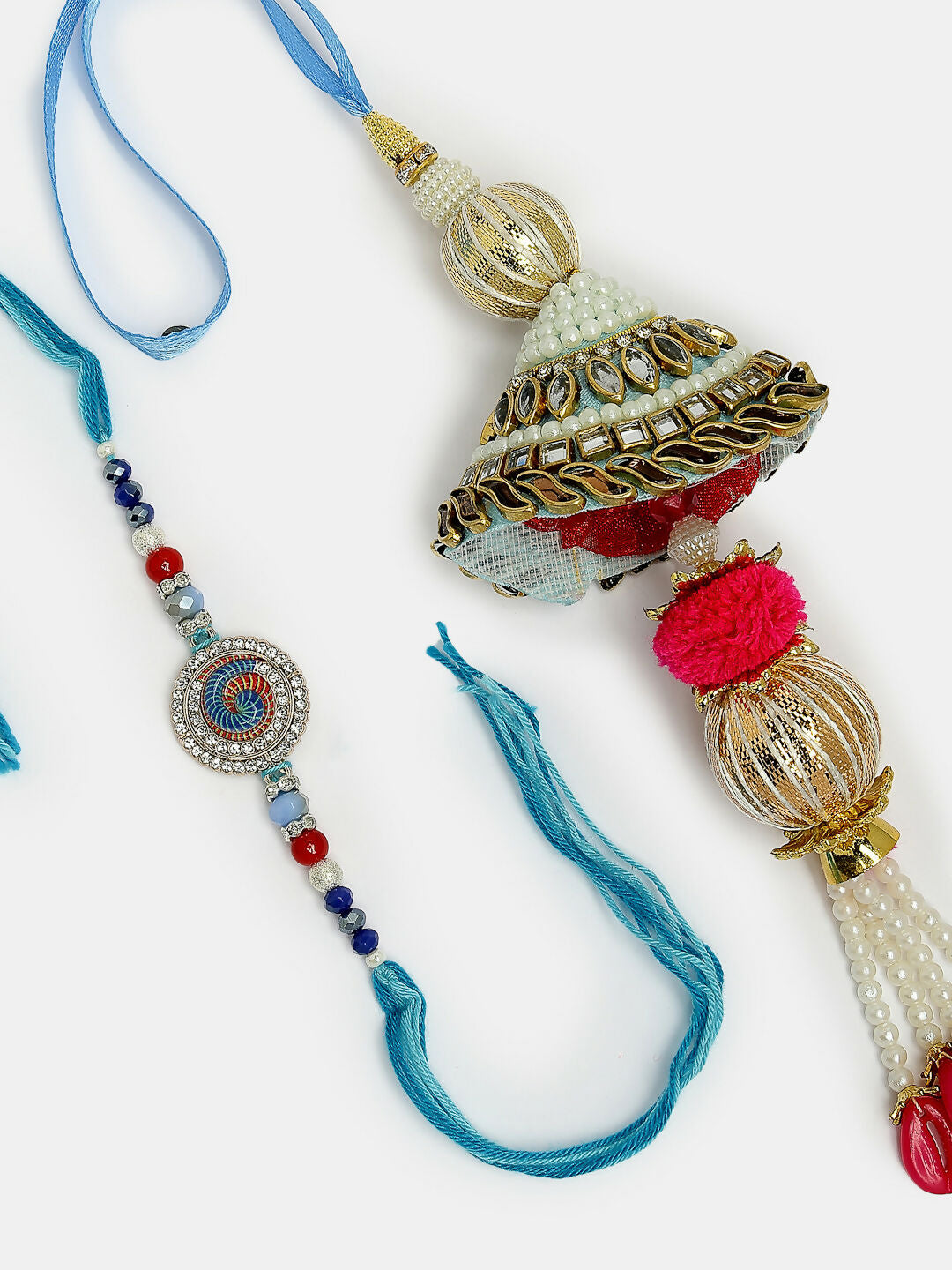 NVR Women & Men Set of 2 Blue Kundan-Studded & Beaded Bhaiya Bhabhi Rakhi With Roli Chawal & Chocolate