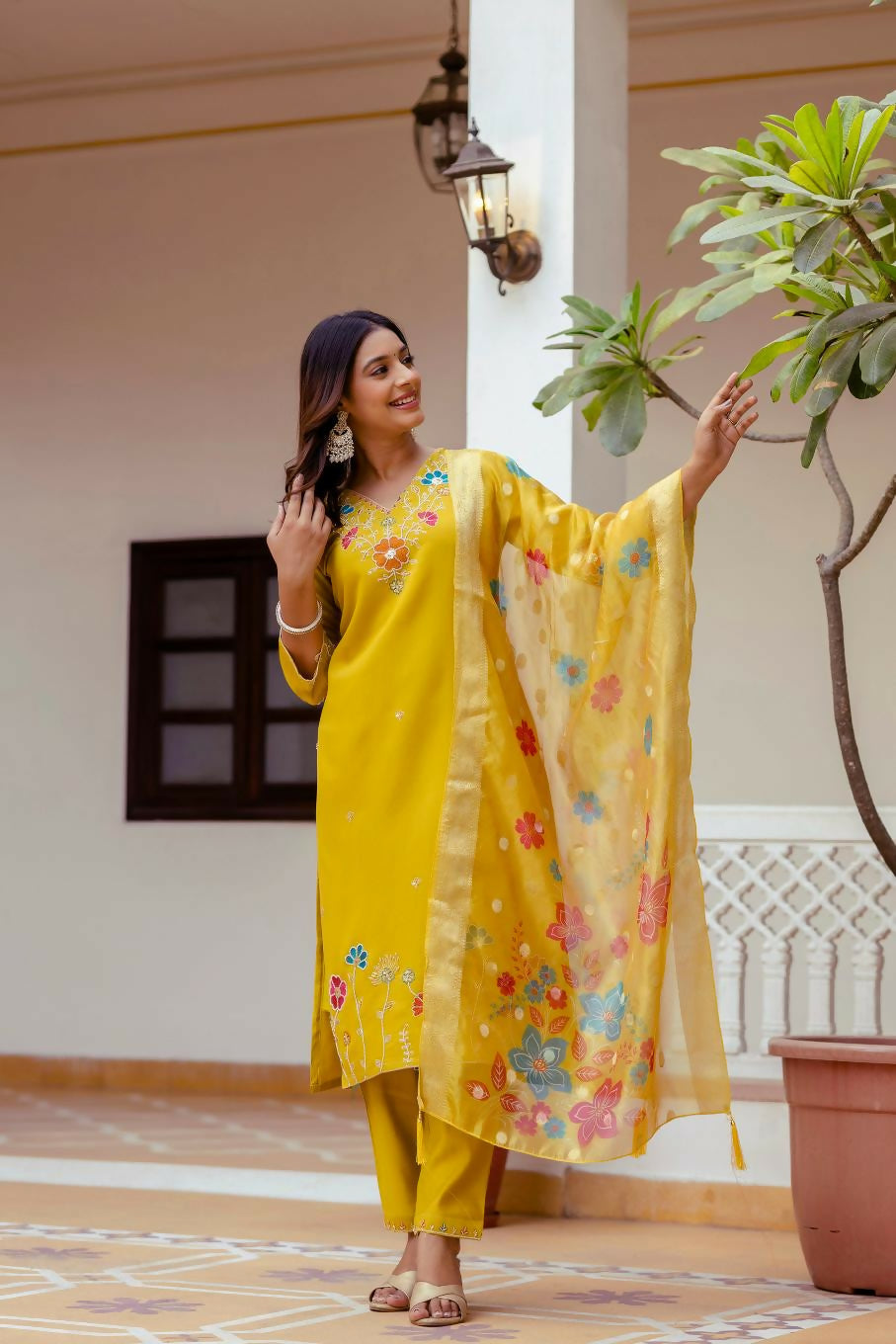 The52 Yellow Women's Gorgeous Embroidered work Viscose Gadhwal Fabric Straight Kurta, Pant and Dupatta Set