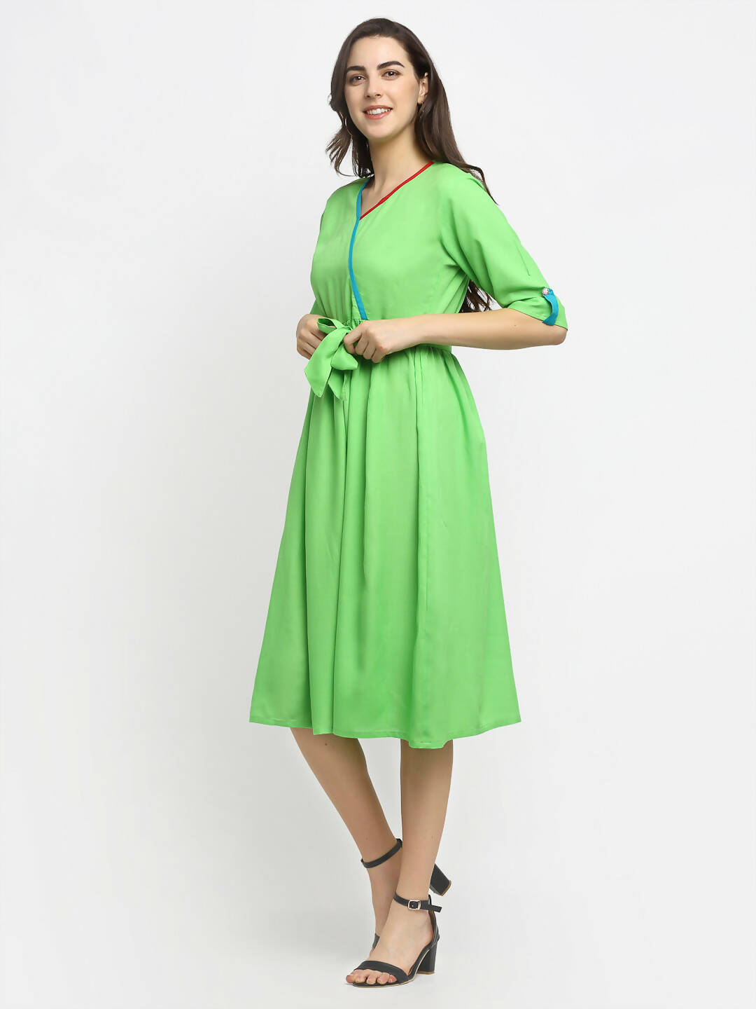 Rudra Bazaar Lime Green Flared Kurta with Belt