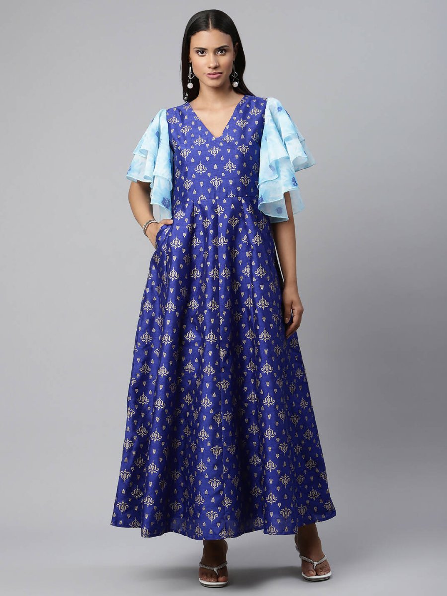 Ahalyaa Women Royal Blue Poly Silk Gold Paste Printed Dress