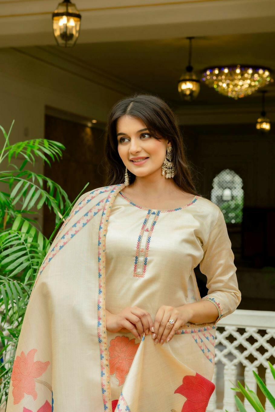 The52 Chiku Women's Beautiful Thread Work Viscose Assam Silk Fabric with Straight Kurta, Pant and Dupatta Set