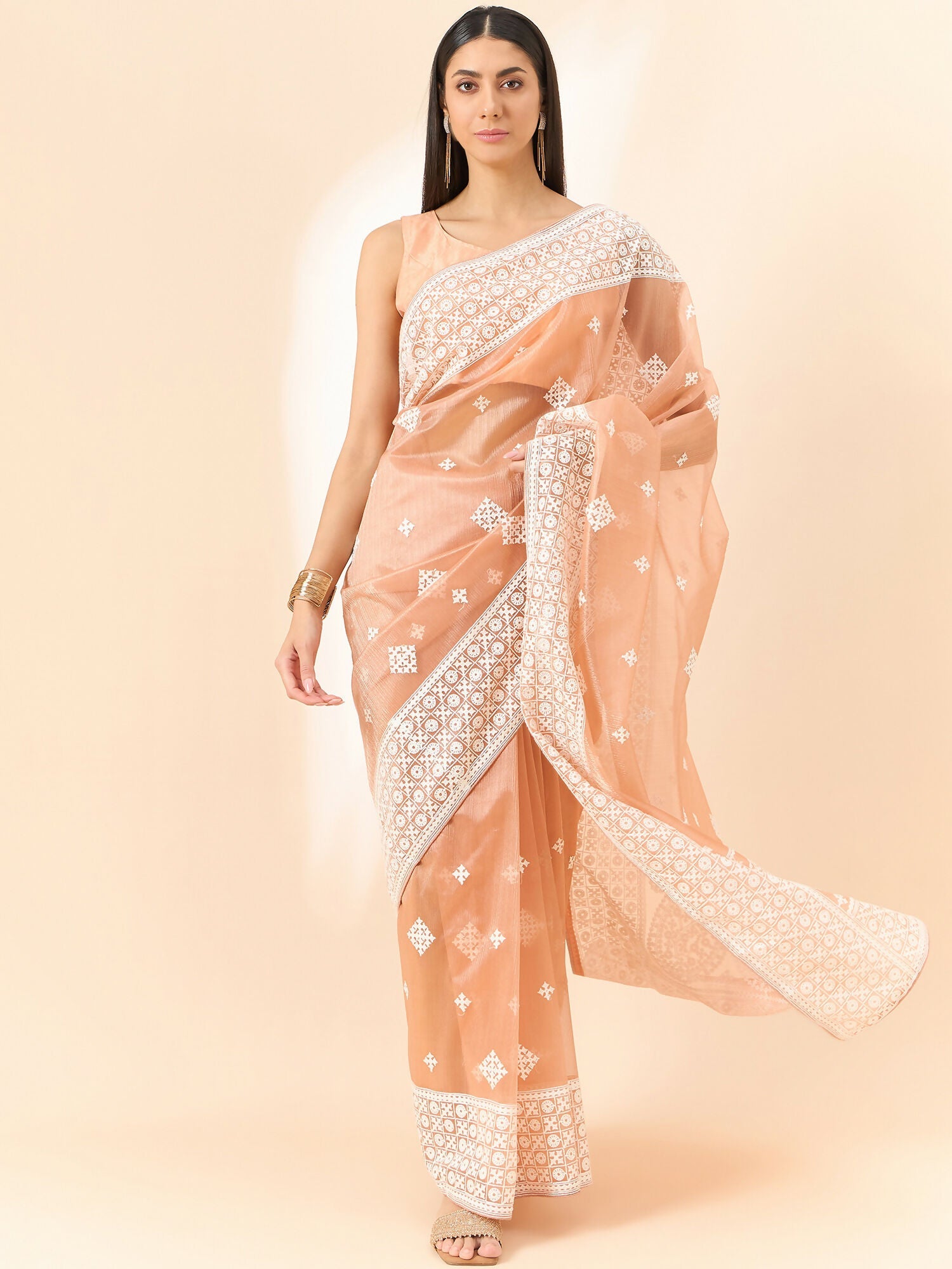 Peach Organza Geometric Embroidered Saree with Unstitched Blouse Piece - Roozal