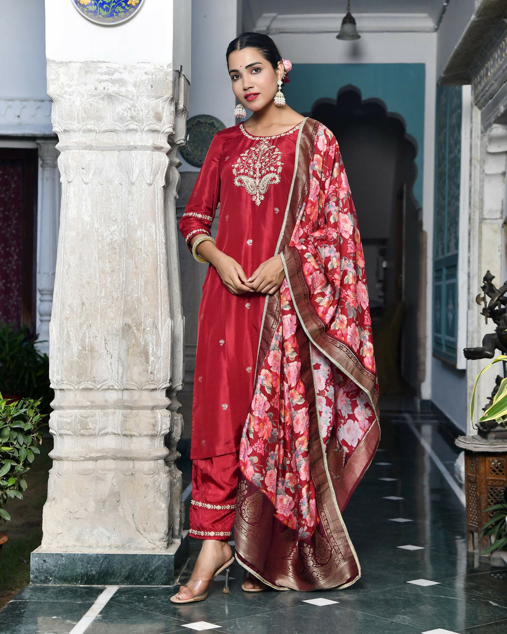 Vaasva Women's Silk Emboidered Solid Pant Set & Digital Printed Dupatta