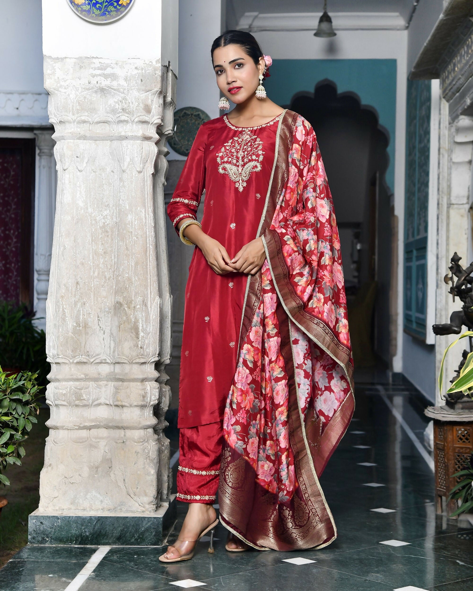 Vaasva Women's Silk Emboidered Solid Pant Set & Digital Printed Dupatta