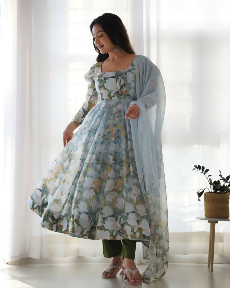Teeya Creation Multi Color Pure Soft Organza Silk Digital print Party Wear Gown