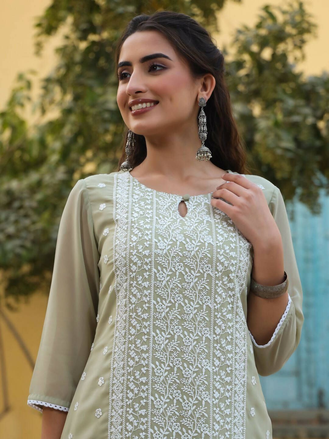Juniper Women's Ltgreen Georgette Printed Kurta