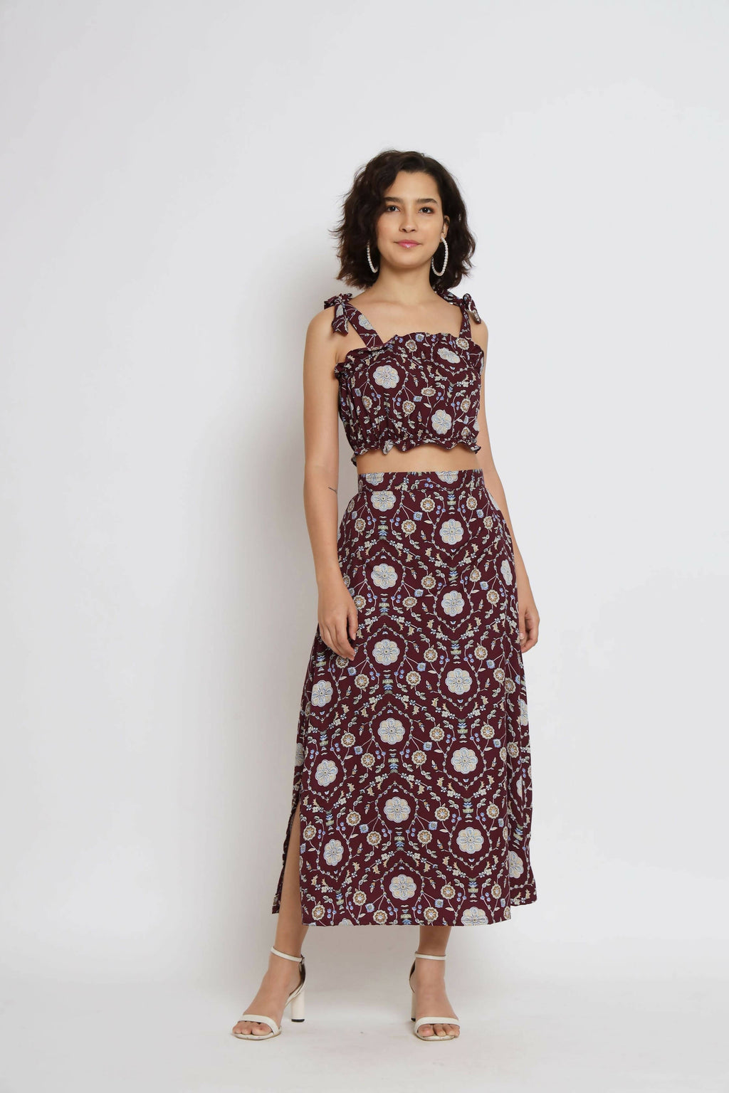 Wine Crepe Floral Printed Top with Matching Skirt - Shivani