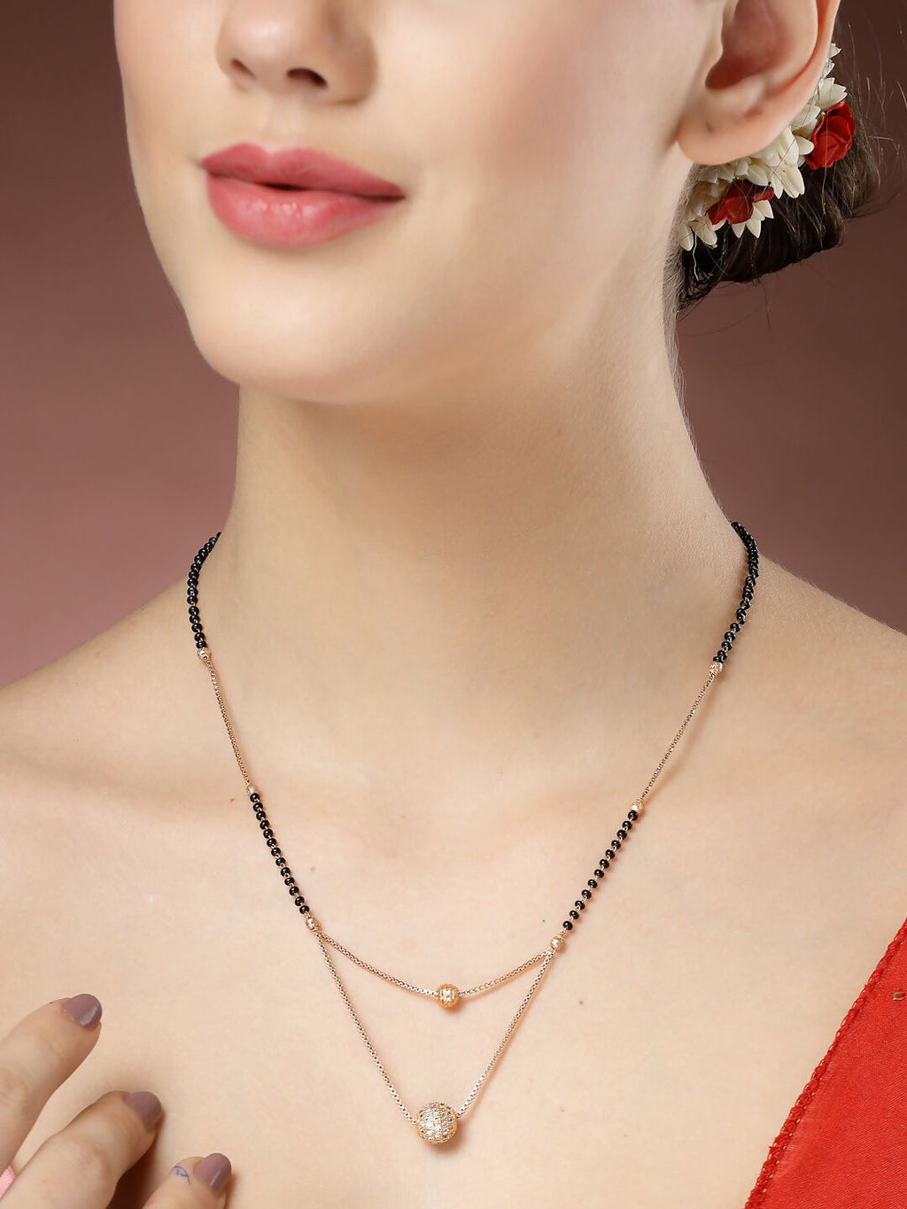 NVR Women's Rose Gold CZ Stone-Studded & Beaded Layered Mangalsutra