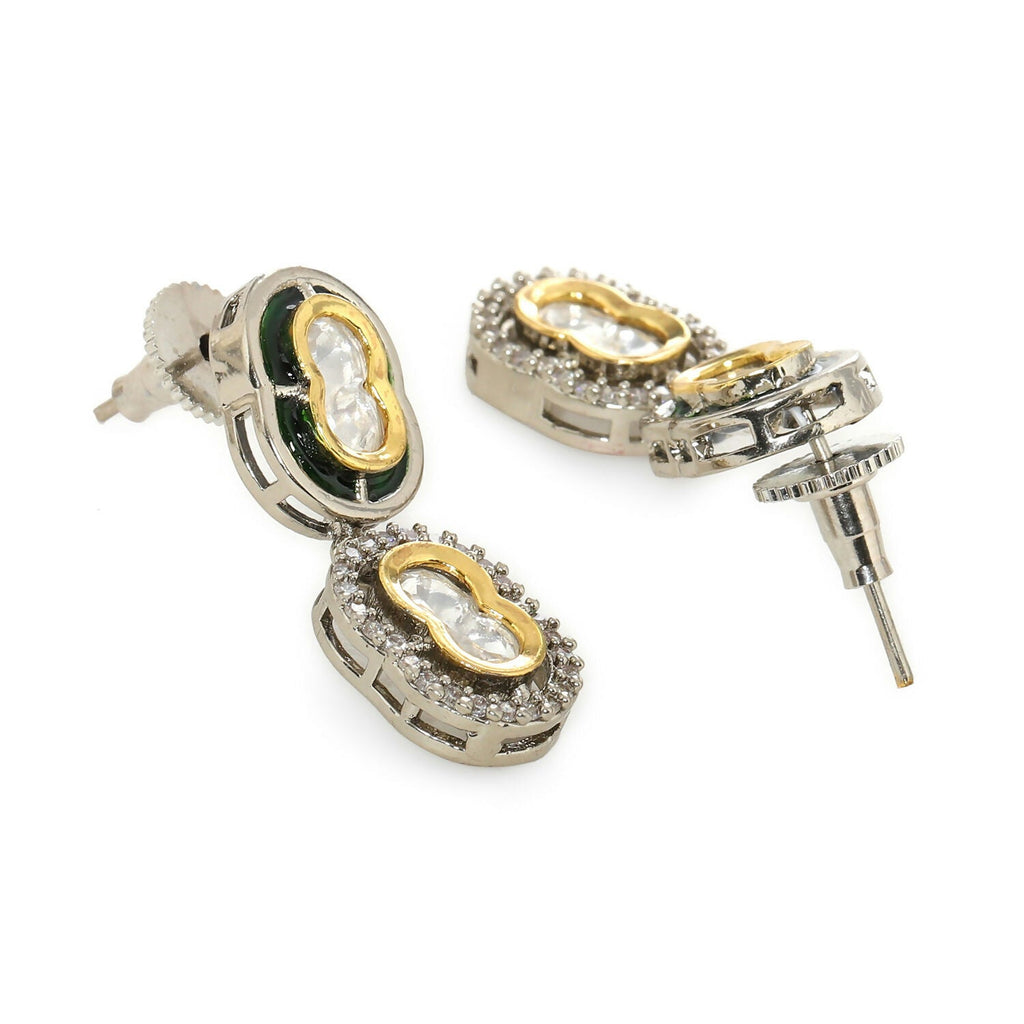 Double Mufli (peanut) Meenakari and Diamond Earrings (Silver) - Ruby Raang