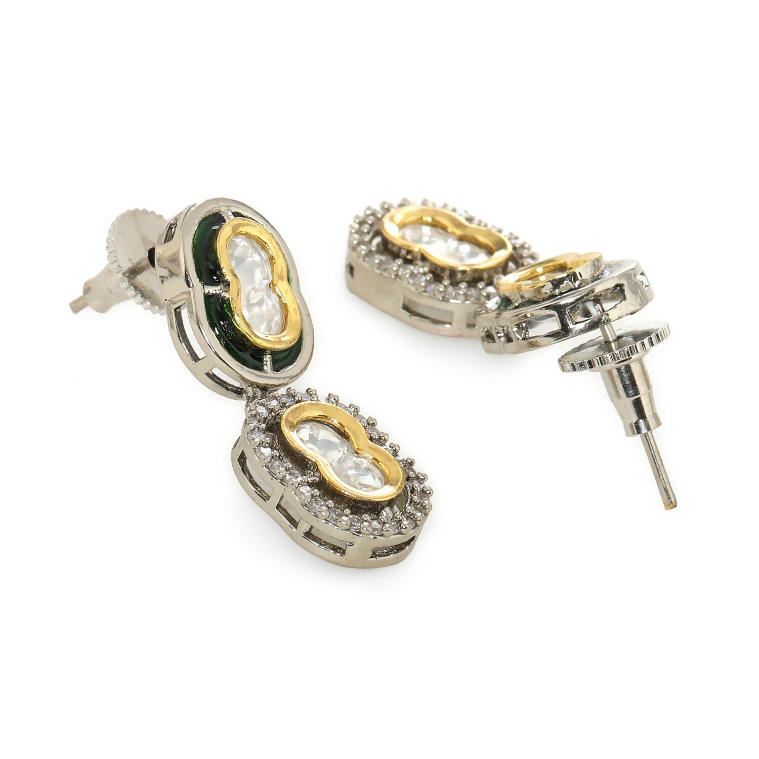 Double Mufli (peanut) Meenakari and Diamond Earrings (Silver) - Ruby Raang