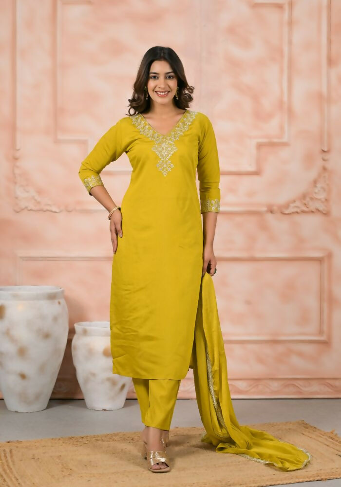Ethnic Festive Wear Chanderi Yellow Stitched Suit With Dupatta - Anbazaar