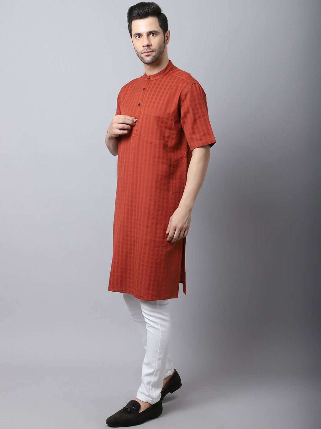 Even Apparels Red Pure Cotton Kurta With Band Collar