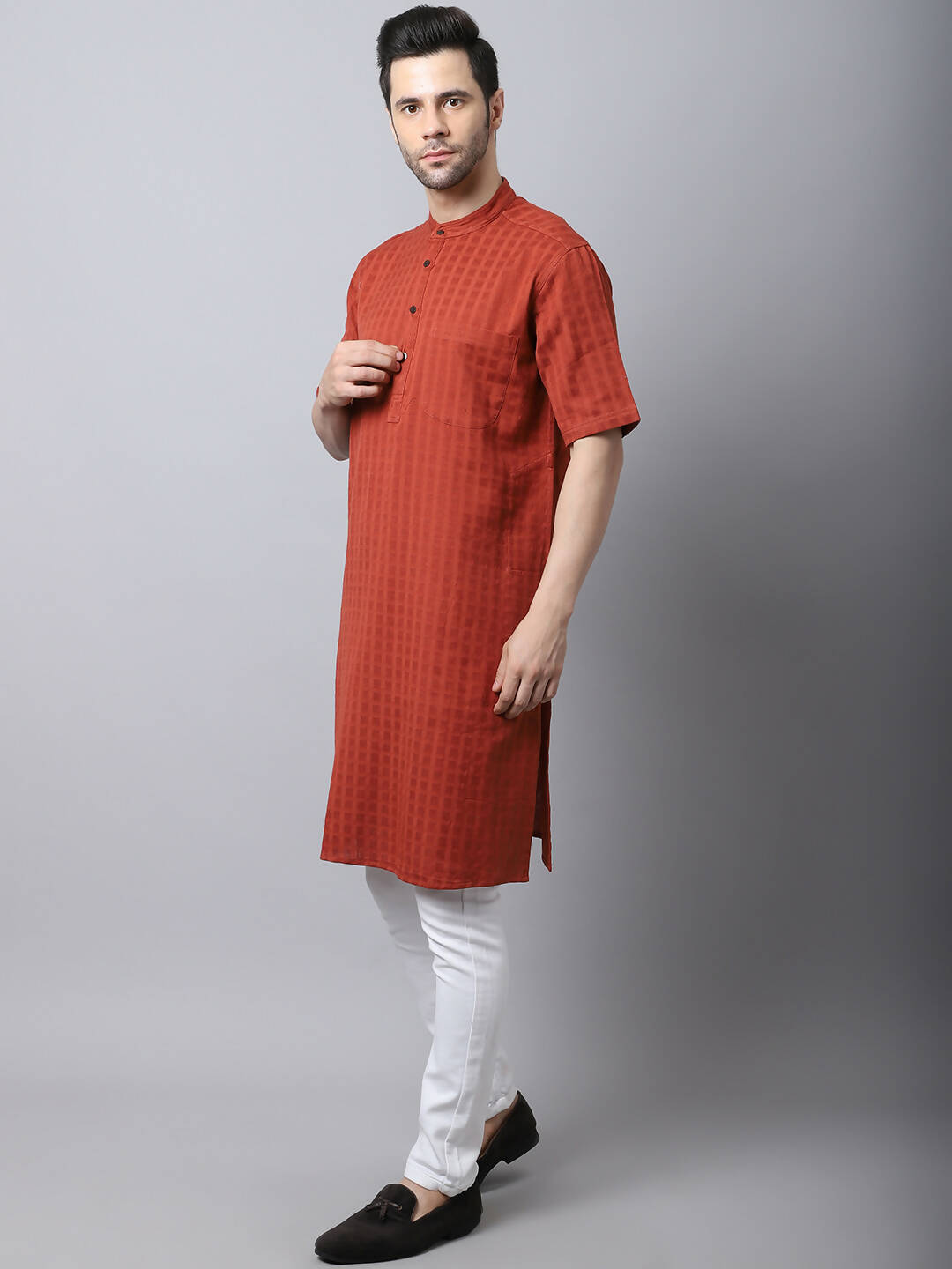 Even Apparels Red Pure Cotton Kurta With Band Collar