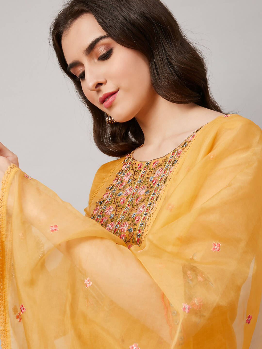 Yellow Organza Embroidered Kurta with Bottom & Dupatta - Salimar