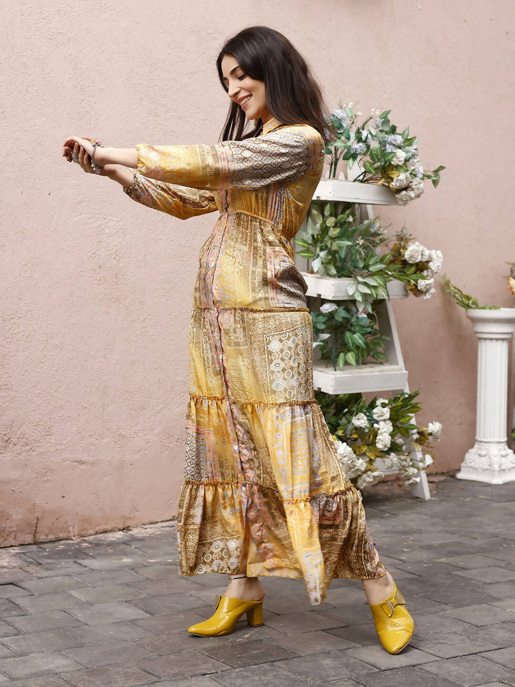 Mustard Crepe Foil Printed Long Dress - Michan