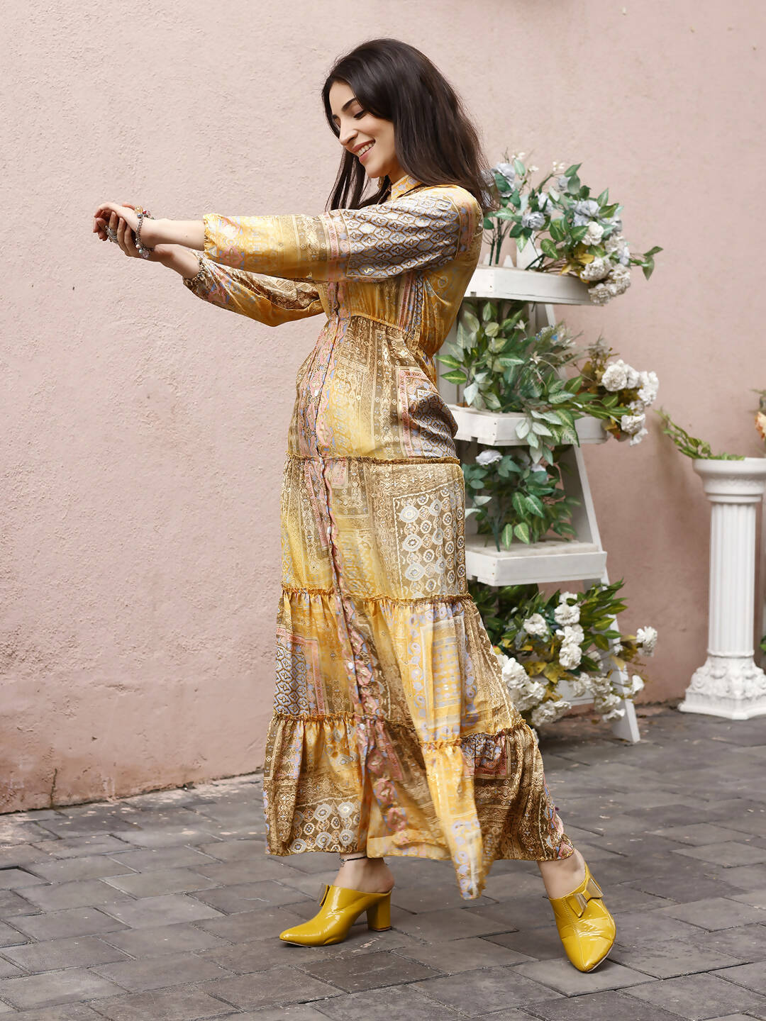 Mustard Crepe Foil Printed Long Dress - Michan
