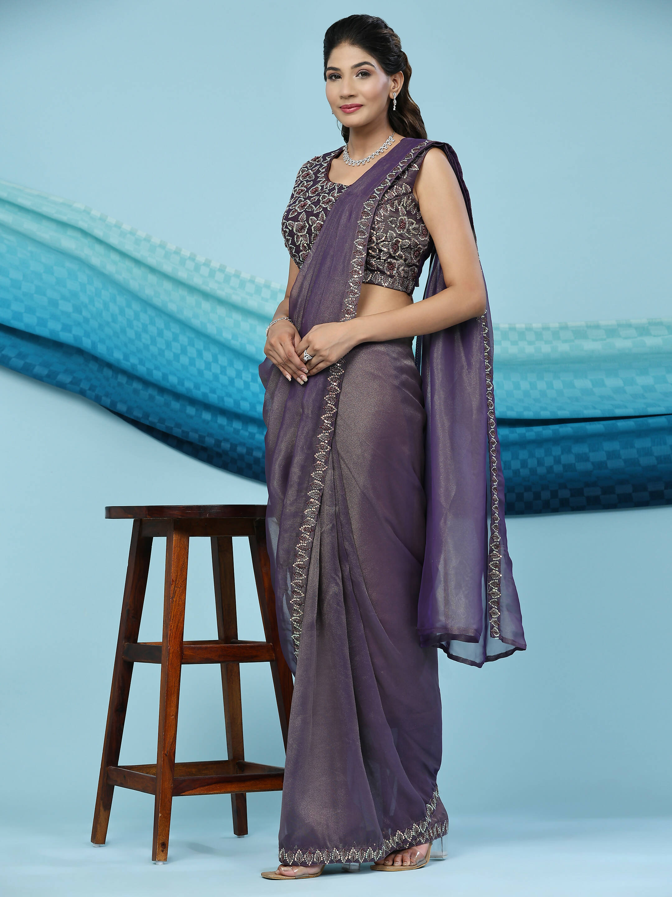 Purple Lycra Shimmer Pattern Ready to Wear Saree with stitched Blouse - Nirvana