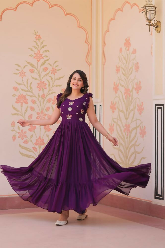 Vastranavya Purple Faux Blooming With Sequins Multithreaded Beads Embroidered work Gown