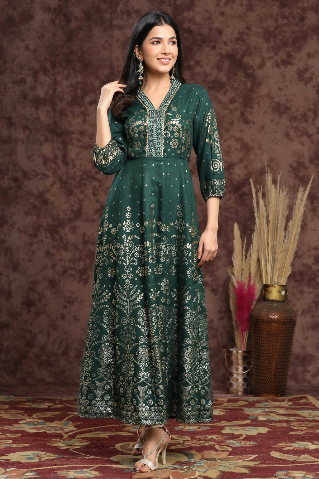 Juniper Women Jadegreen Rayon Printed Anarkali Dress
