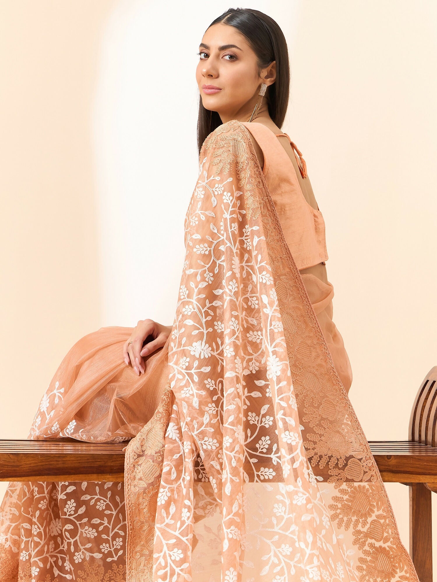 Peach Organza Floral Embroidered Saree with Unstitched Blouse Piece - Roozal