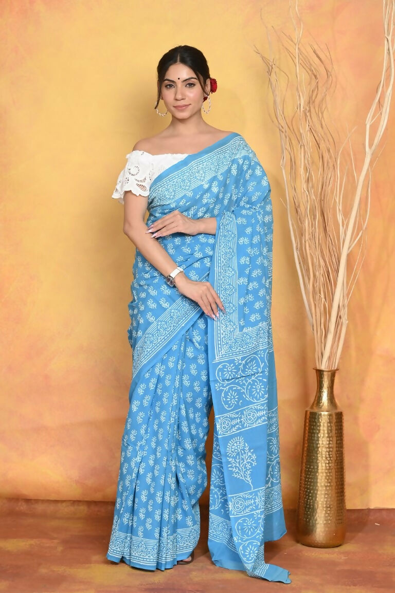 Very Much Indian Handblock Printed Cotton Saree With Natural Dyes - Sky Blue