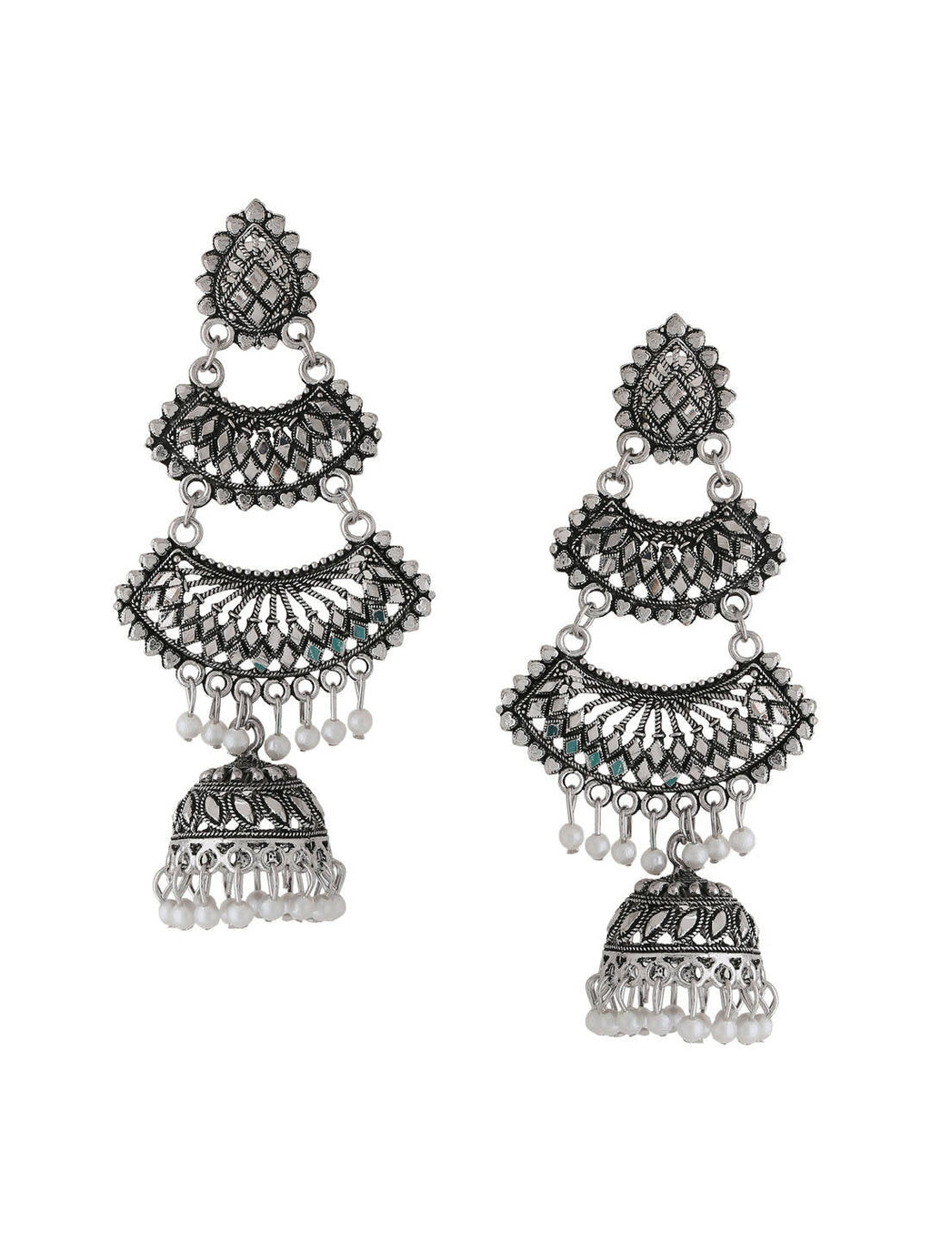 NVR Women Silver Toned Contemporary Jhumka Earrings
