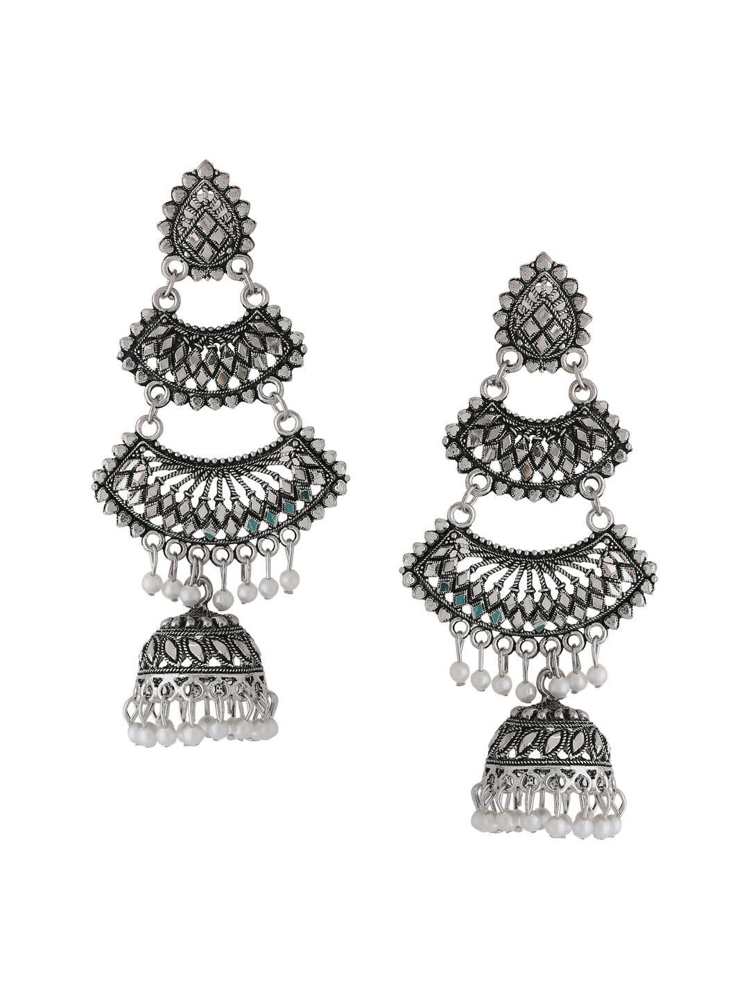 NVR Women Silver Toned Contemporary Jhumka Earrings