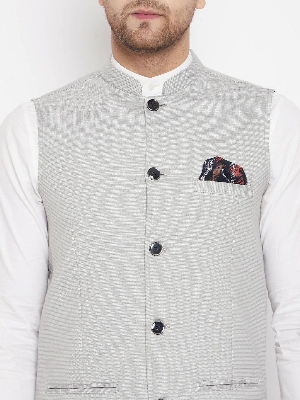 Even Apparels Grey Merino Men's Nehru Jacket-Contrast Lining-Free Pocket Square