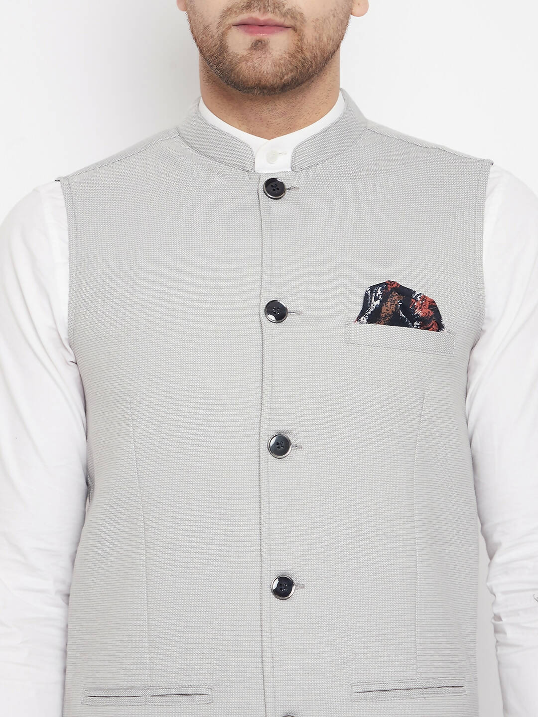 Even Apparels Grey Merino Men's Nehru Jacket-Contrast Lining-Free Pocket Square