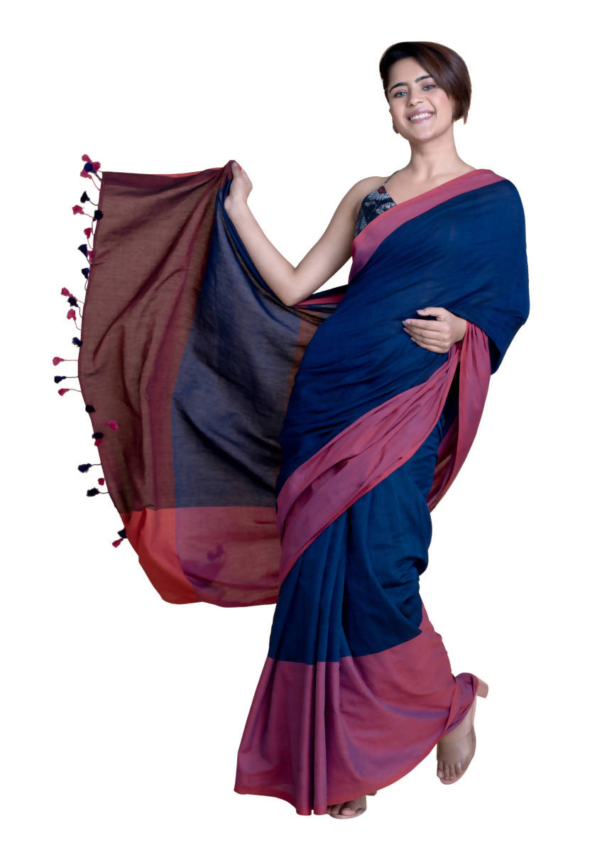 Suta Navy Blue Pink Colourblocked Mul Saree
