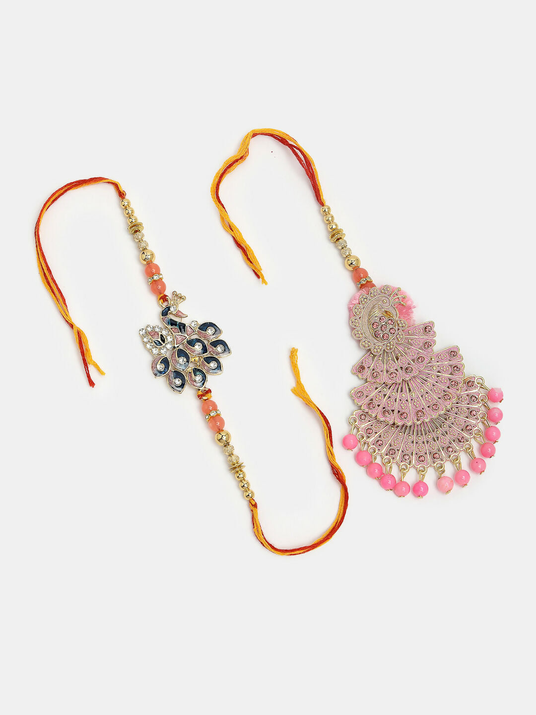 NVR Women & Men Set of 2 Multicolor Peacock Design Stone-Studded & Beaded Bhaiya Bhabhi Rakhi With Roli Chawal