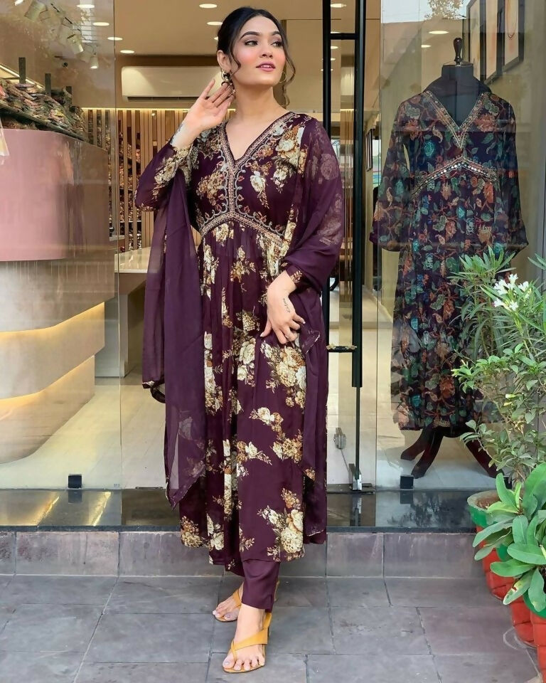 Ethnic Festive Wear Georgette Purple Stitched Suit With Dupatta - Tanisha