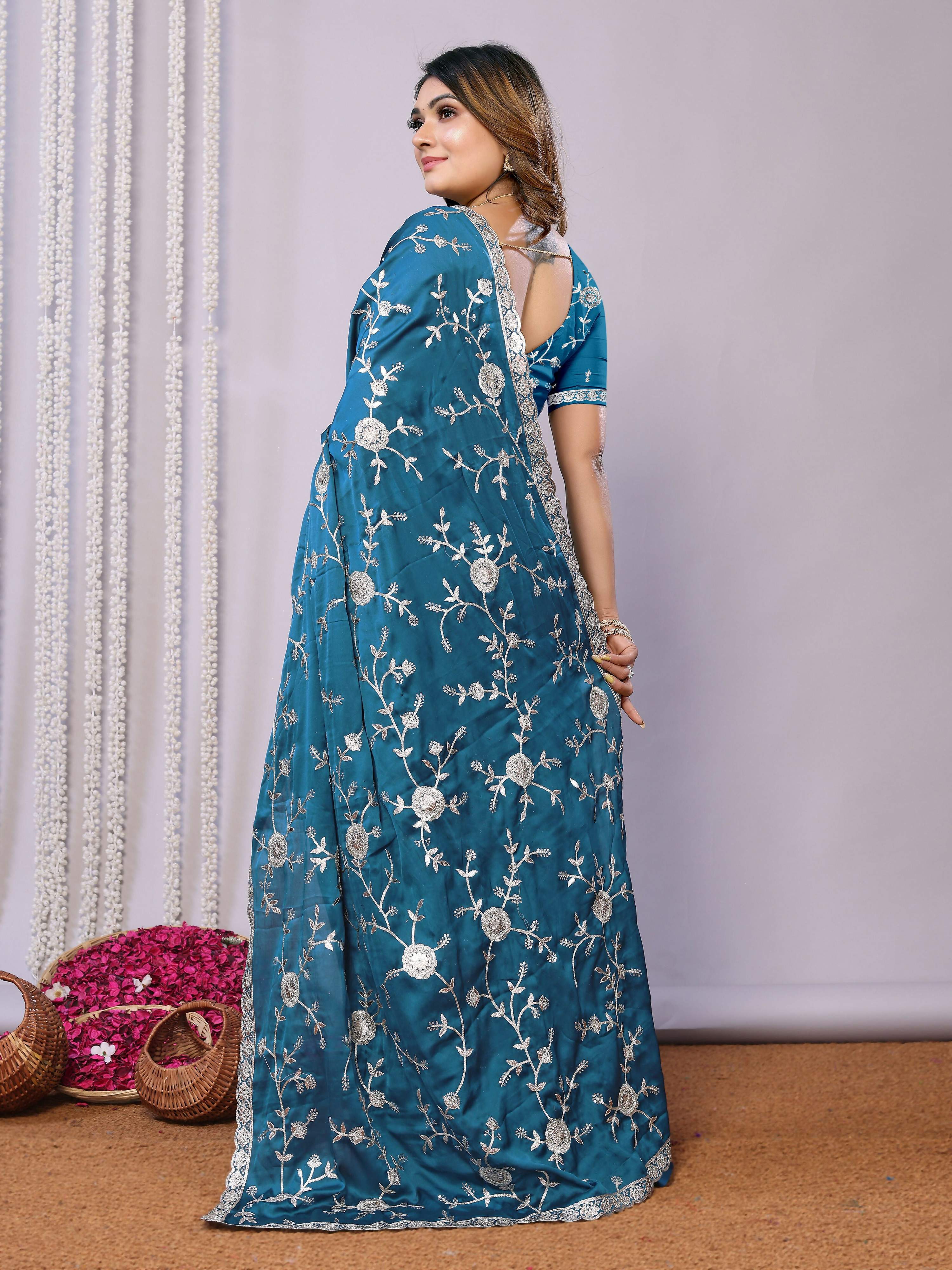 Blue Pure Satin Embroidered Saree With Stitched Blouse - Nimaya Kaksha