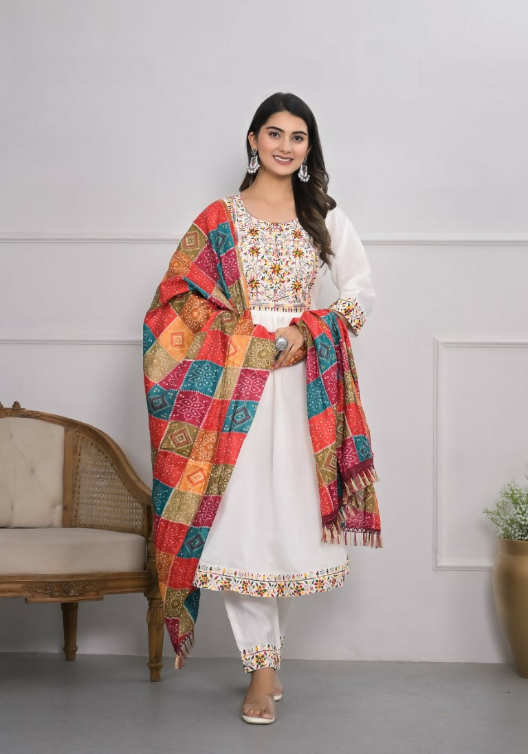 White Viscose Silk Embroidery with Thread and sequence Stitched Suit With Dupatta - Tanisha
