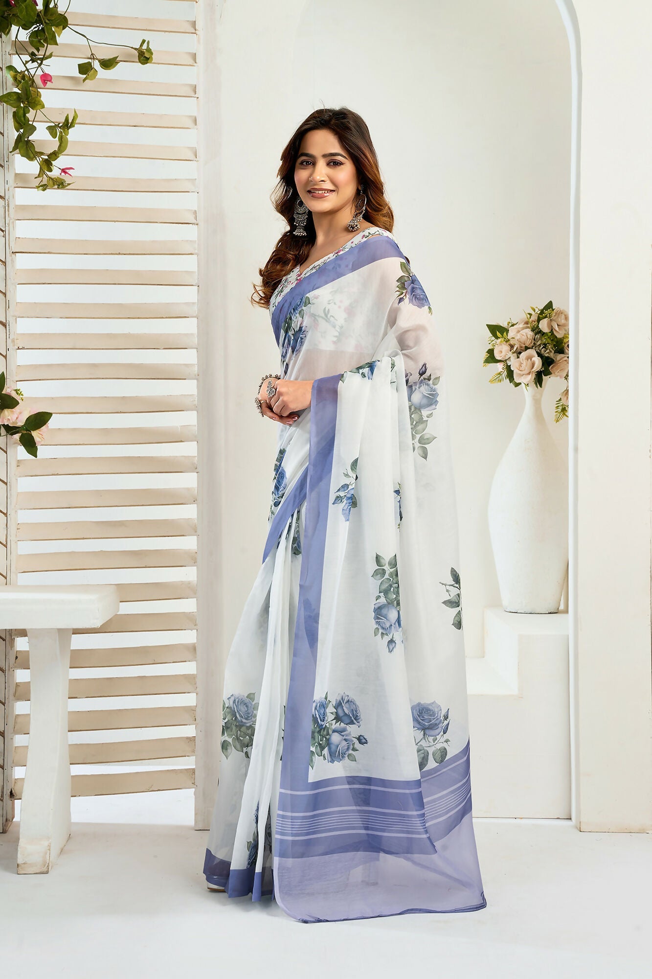 Vastranavya Blue Digital Printed Linen Ready To Wear Designer Saree with Unstitched Blouse