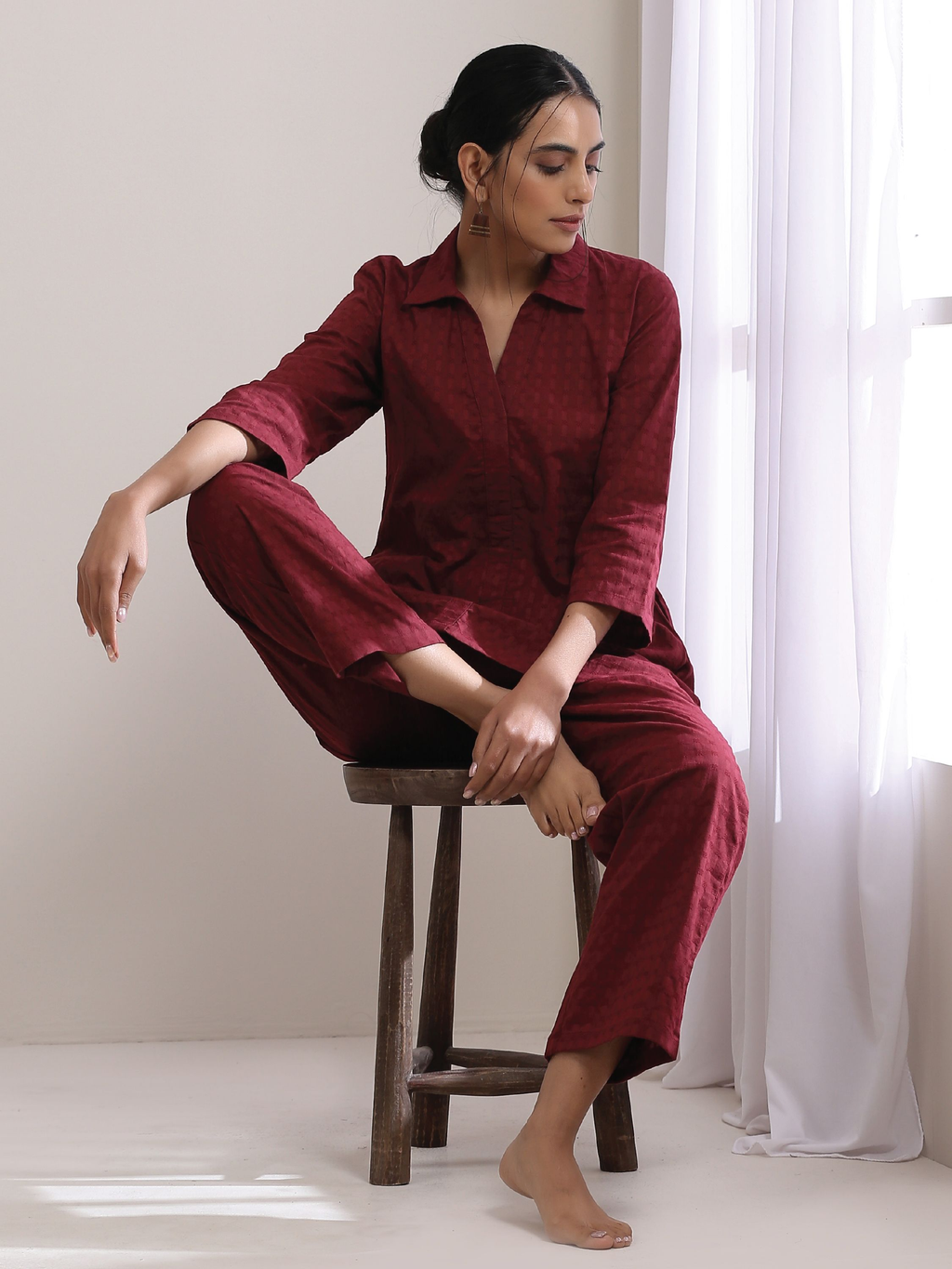 trueBrowns Ruby Wine Dobby Collar Short Co-Ord Set