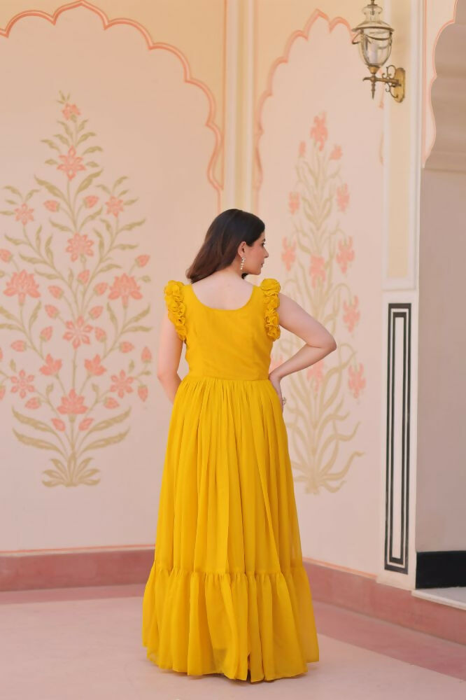 Vastranavya Yellow Faux Blooming With Sequins Multithreaded Beads Embroidered work Gown