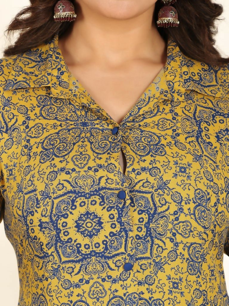 Aramya Yellow Rayon Geometric Print High Low Kurta Pant Set for Women