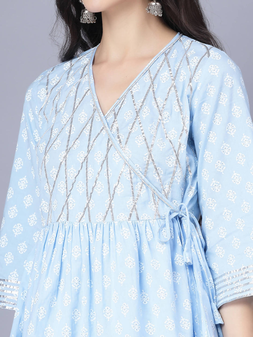 Myshka Cotton Printed 3/4 Sleeve V Neck Turquoise Blue Women Sharara Set