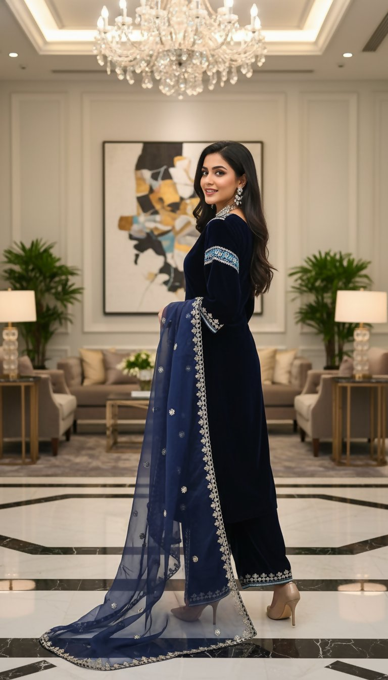 Teeya Creation Blue Color Velvet Designer Embroidery Work party Wear Suit