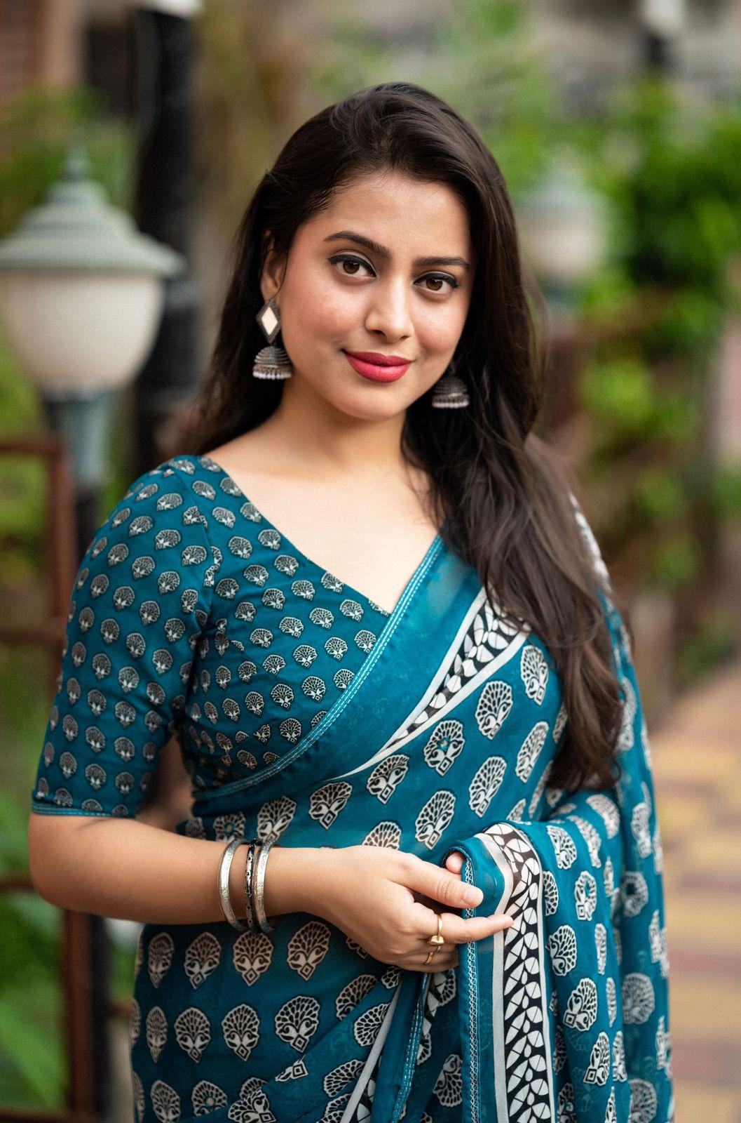 Rama Poly Georgette Ajrak Saree with Unstitched Blouse - Hiral Fashion