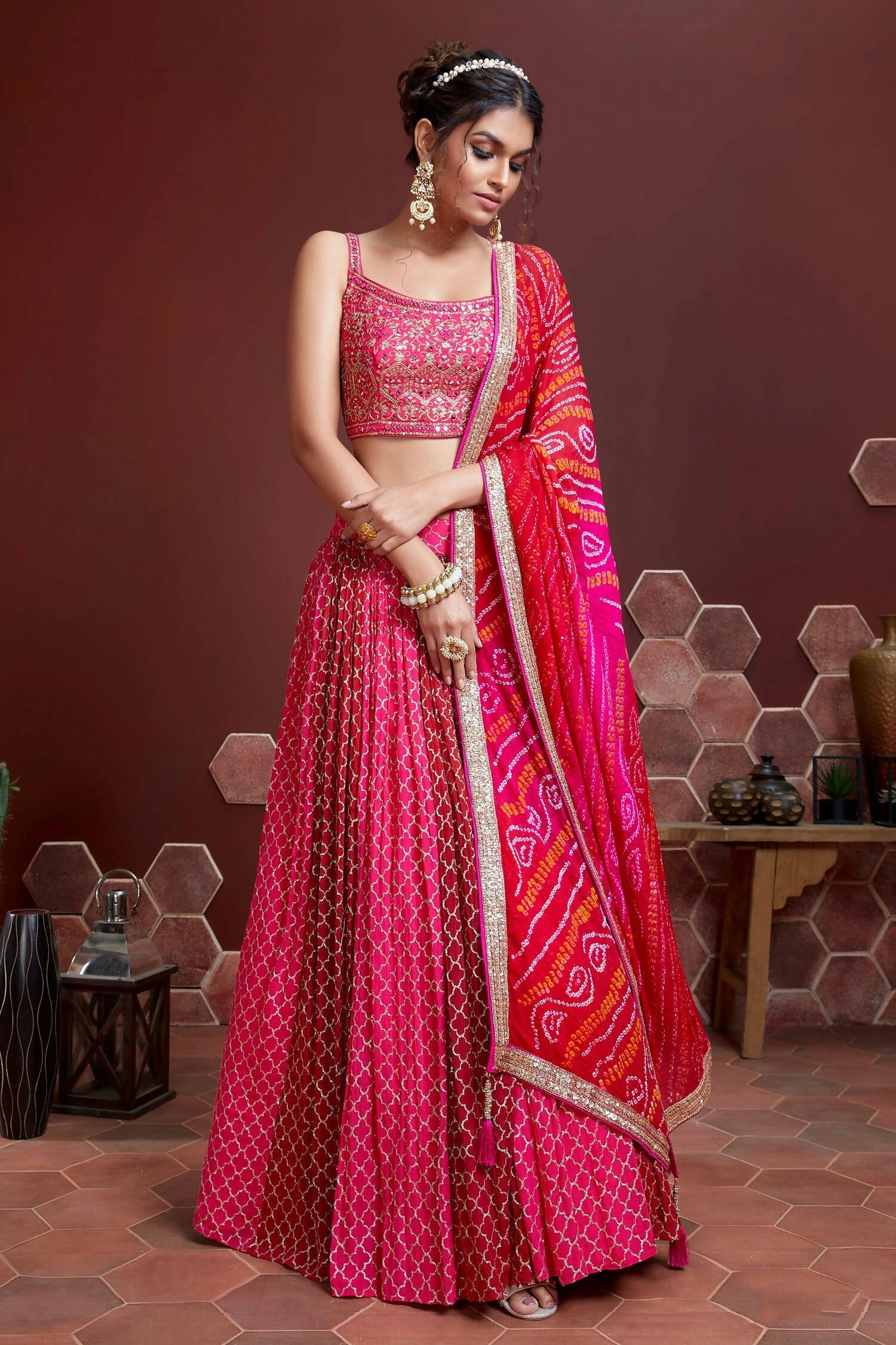 Wedding Designer Pink Pure Chinon Silk Lehenga Choli - Anbazaar