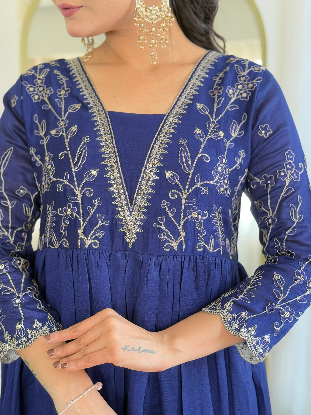 The52 Blue Women's Beautiful Embroidered Vichitra Silk Fabric with Flared Kurta, Pant and Dupatta Set