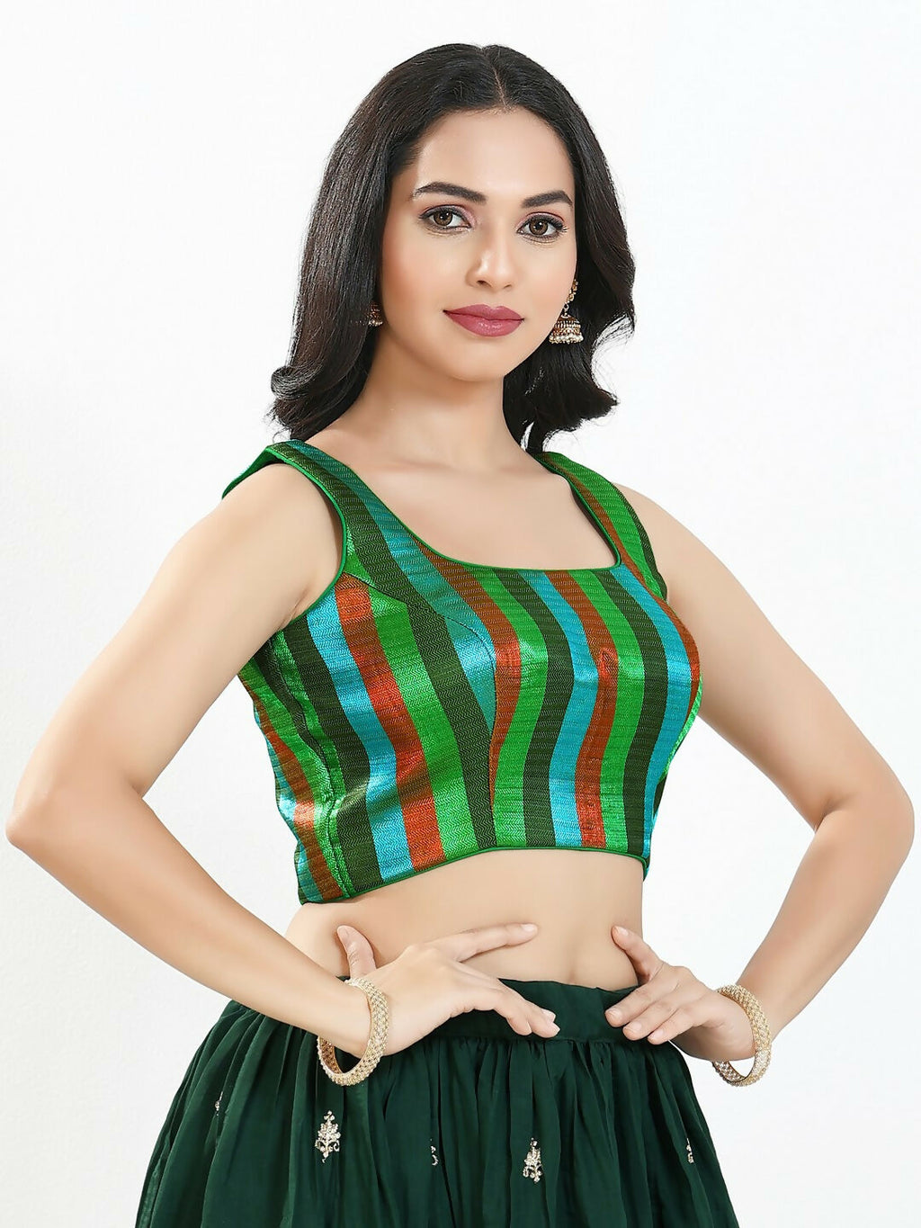 Joban Fashion Green Multi Brocade Padded Blouse With Square Neck Sleeveless