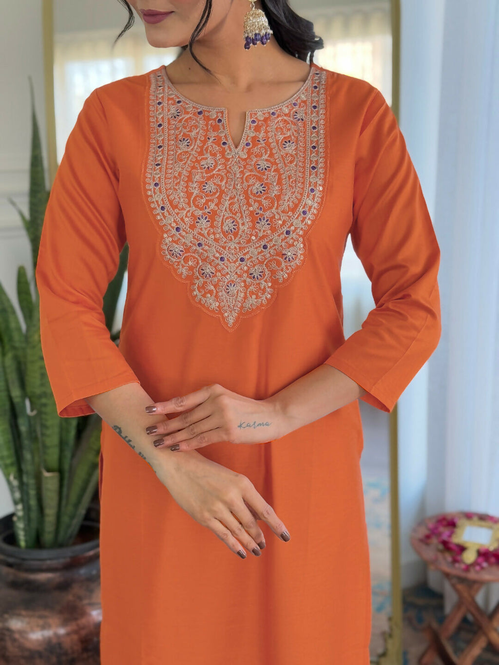 The52 Orange Women's Gorgeous Embroidered Rayon Fabric with Straight Kurta, Pant and Dupatta Set