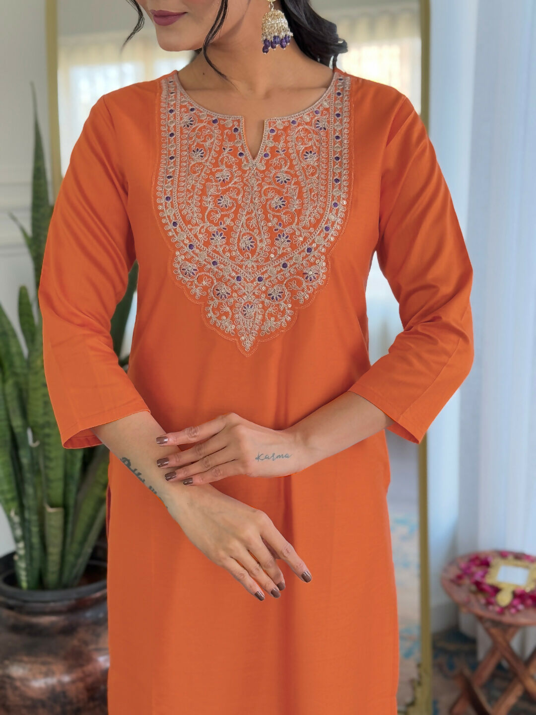 The52 Orange Women's Gorgeous Embroidered Rayon Fabric with Straight Kurta, Pant and Dupatta Set