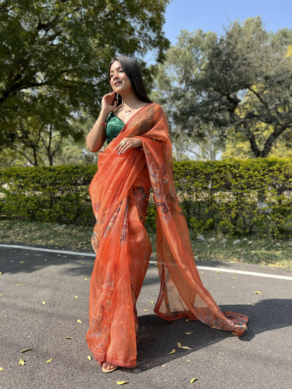 Vamsee Firozi Orange Organza Saree