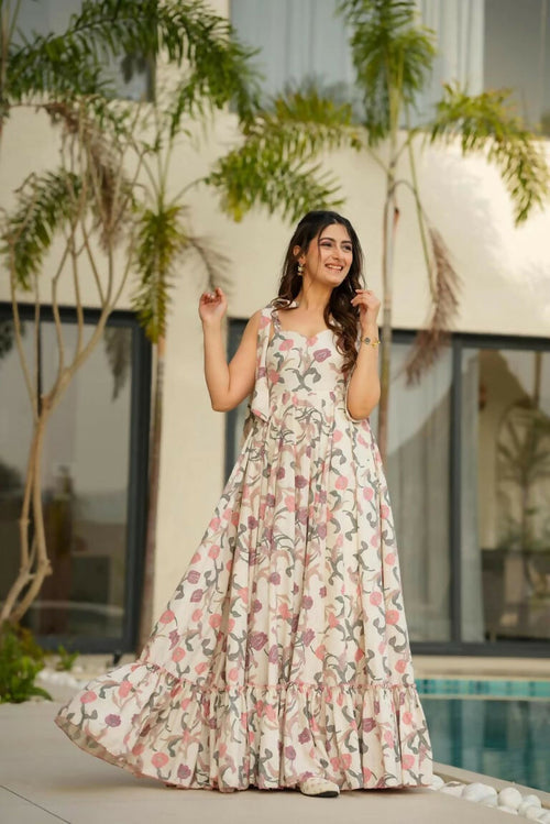 Aayaa Designer Cambric Cotton Printed Full Flaired Gown - Multi Color